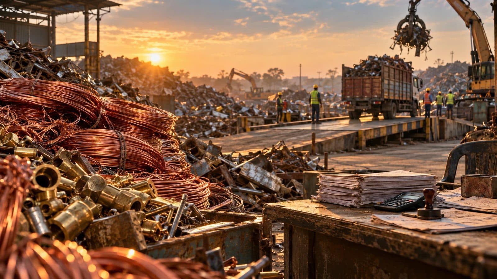 Copper and brass scrap piled at a dealer's yard at sunset, with a weighbridge, trade paperwork and a stamp — GST and the scrap trade.