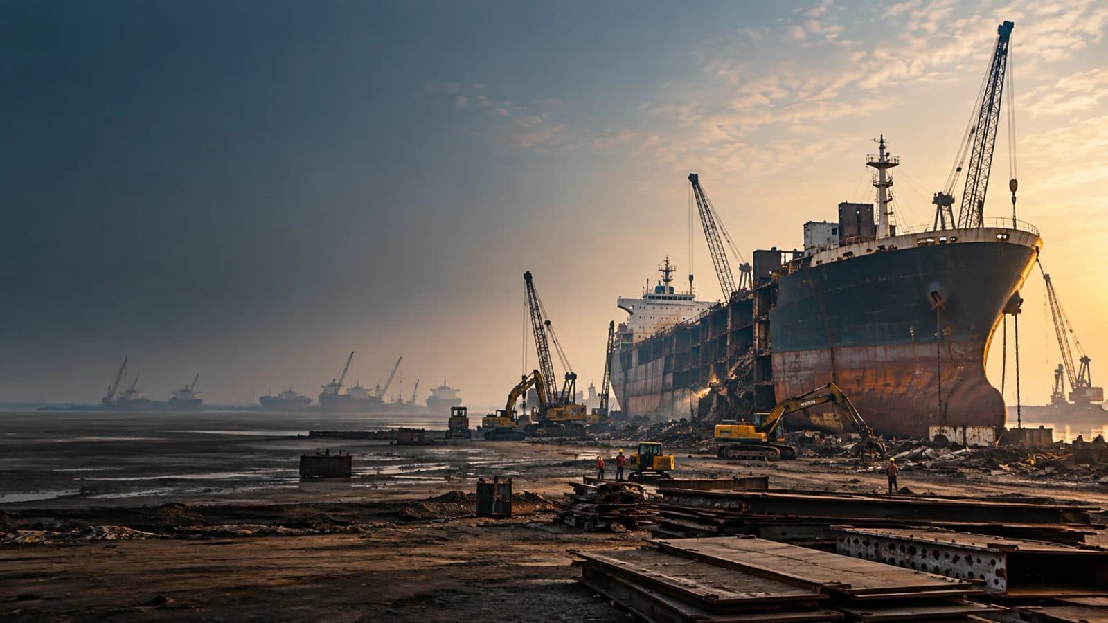 A ship-breaking yard at Alang at dawn: a large vessel being dismantled on the tidal flats as cranes and excavators cut the steel hull.