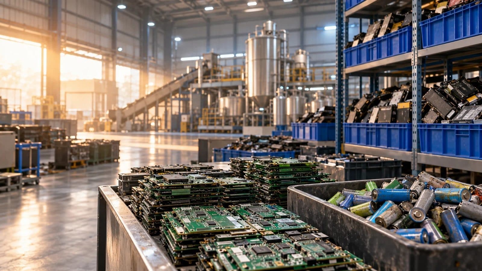 Stacks of circuit boards and bins of used batteries inside an Indian e-waste recycling plant