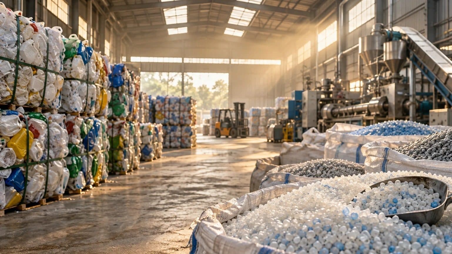 Baled HDPE containers and sacks of recycled plastic granules inside an Indian recycling warehouse