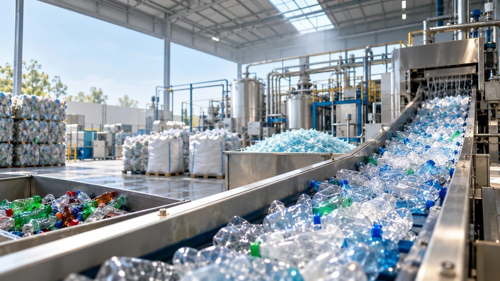 Clear colour-sorted PET bottles on a conveyor feeding a food-grade recycling and washing line in India