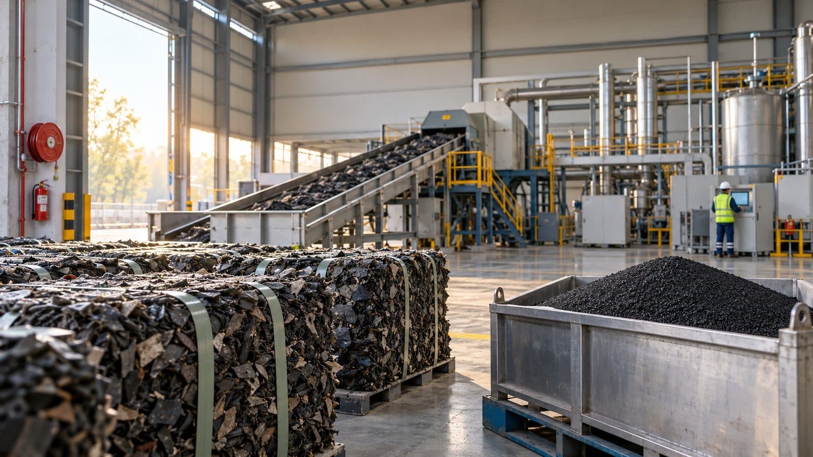 Baled shredded waste tyres and black crumb-rubber granules inside a controlled Indian tyre-recycling plant