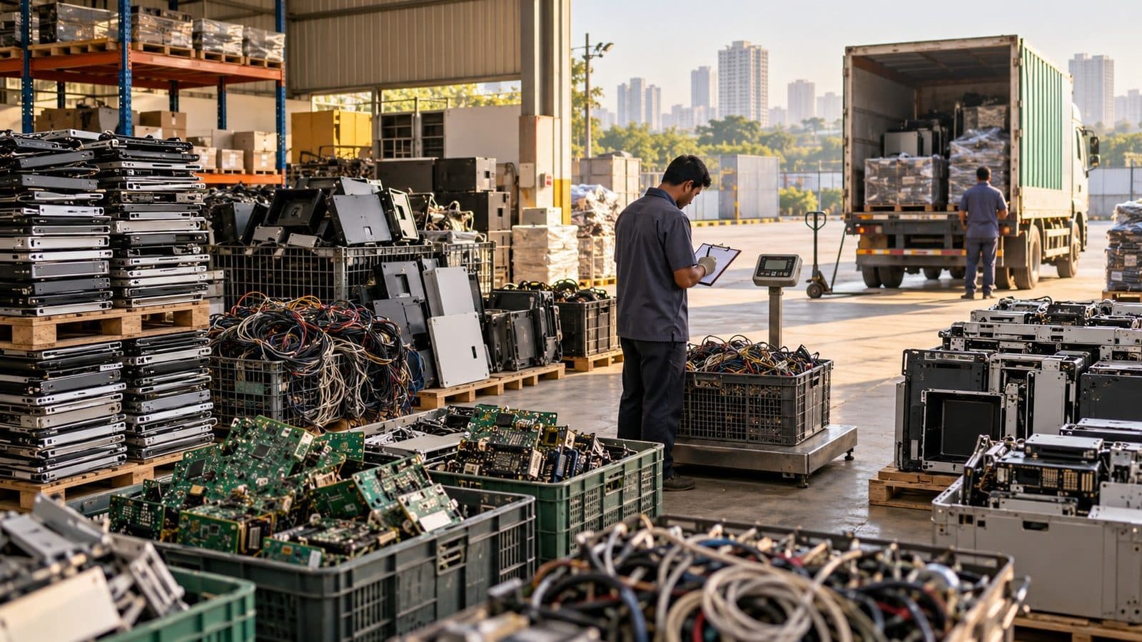 Sorted circuit boards, cable and dismantled electronics in crates on pallets at an Indian e-waste aggregator's yard, with a worker weighing and logging material and a truck loading in the background