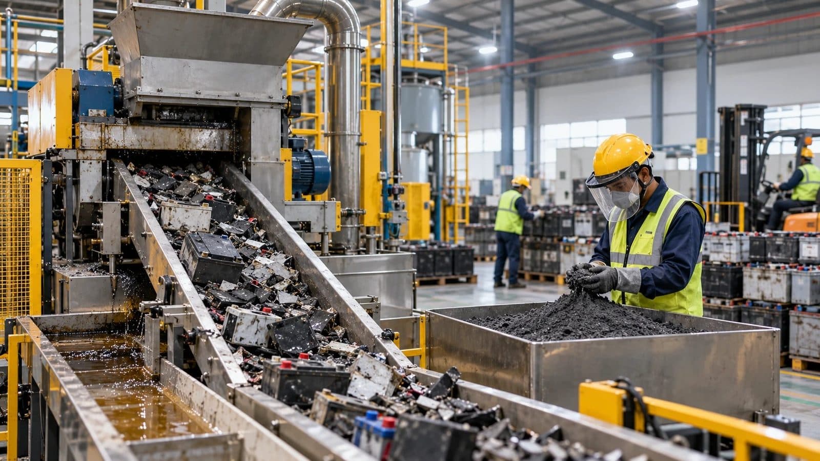 Mechanised battery-breaking line feeding crushed black mass into a steel tray as a worker in PPE inspects it, with stacked spent batteries at an Indian battery recycling plant