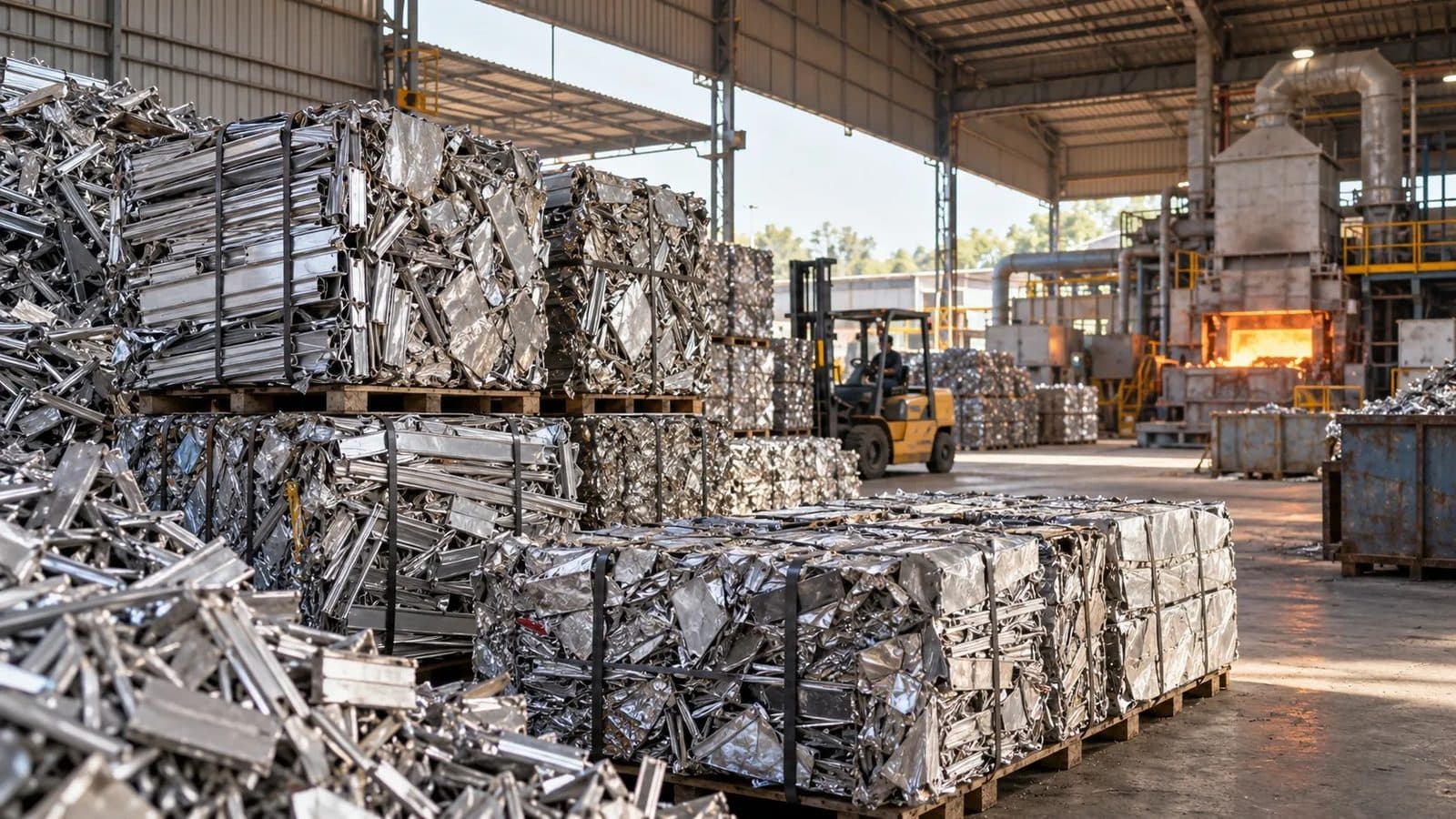 Baled aluminium scrap stacked on pallets in an Indian secondary aluminium recycling plant, with a forklift and a glowing remelt furnace in the background