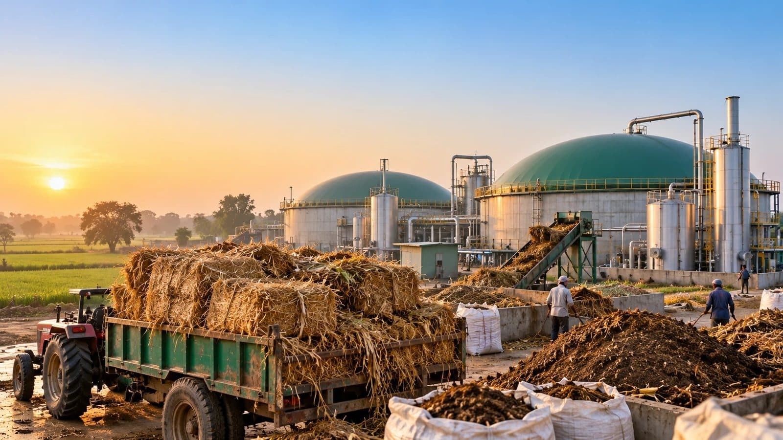 Baled crop residue on a tractor trolley and a mound of organic feedstock at a rural Indian compressed biogas plant at sunrise