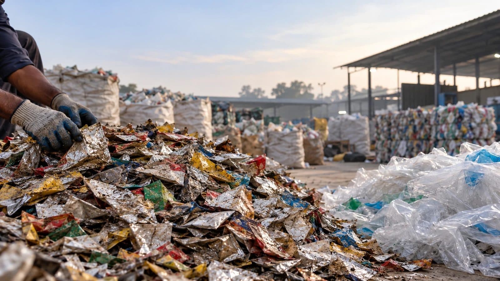 Used foil multi-layered plastic sachets heaped for sorting, with clear single-material film kept separate, at an Indian waste yard