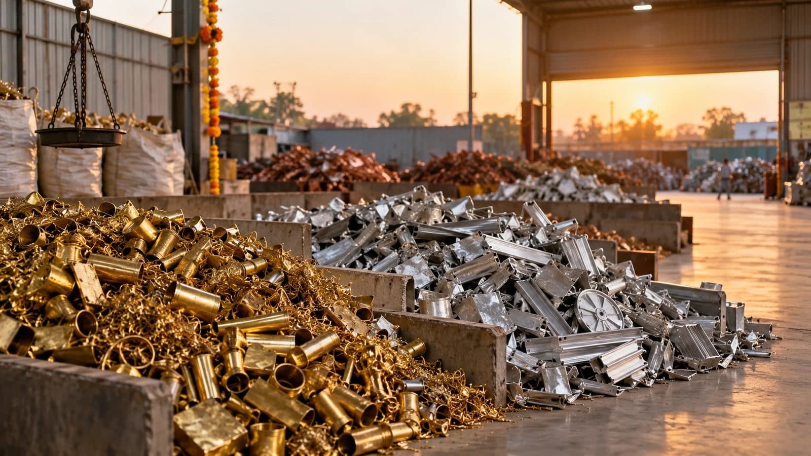 Sorted brass and aluminium scrap in separate bays at an Indian scrap yard at sunset before Diwali