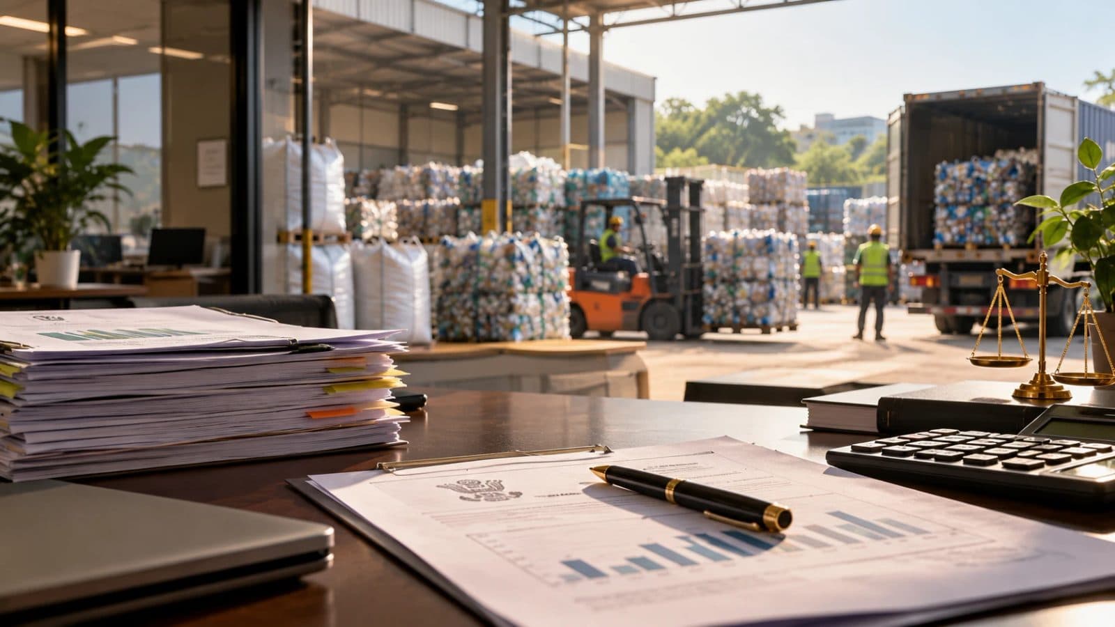 A desk with files, a calculator and scales of justice overlooking a recycling yard with baled plastic scrap, a forklift and a loading truck